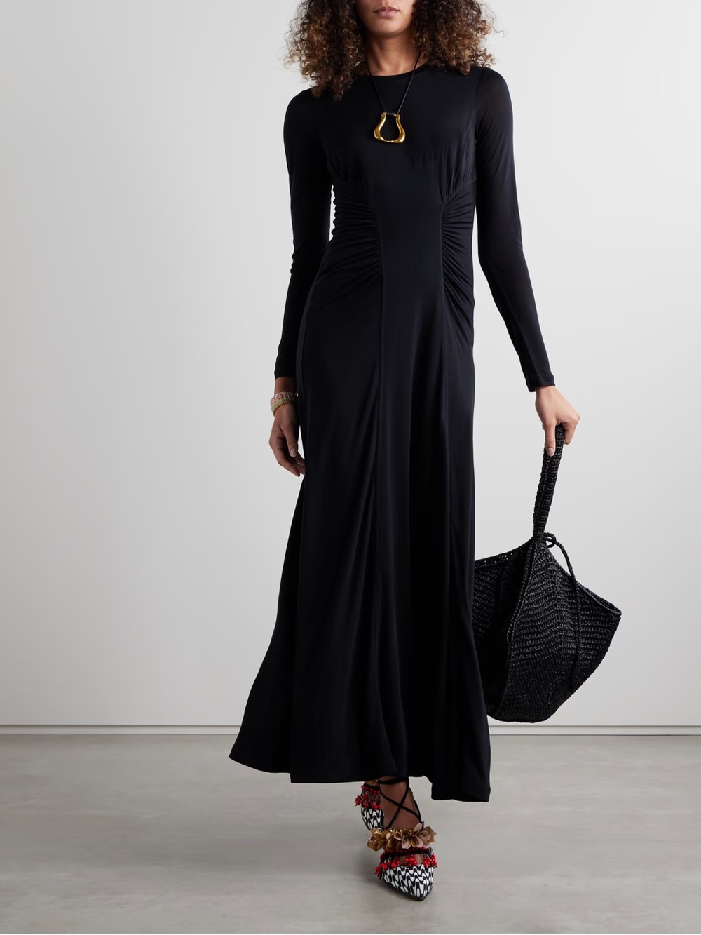 Ulla Johnson Ceryse Dress Noir Black Long Sleeve Ruched Waist‎ Maxi Size Large
